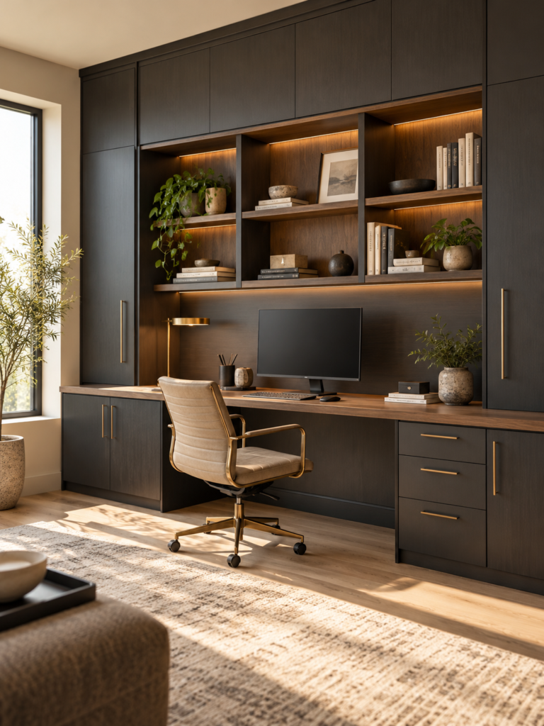 AI-generated illustrative concept of a custom home office with dark built-in storage